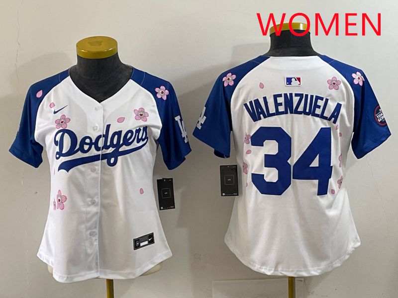 Women Los Angeles Dodgers #34 Valenzuela White Blue Sakura Edition 2025 Nike MLB Jersey style 31